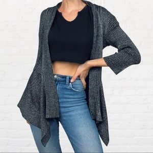 Investments | Black Metallic Silver Ribbed Knit Handkerchief Open Front Cardigan